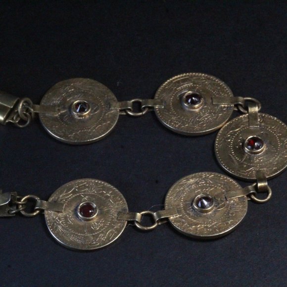 Antique Revival Sterling Silver Vermeil Coin Garnet Bracelet - Picture 2 of 8